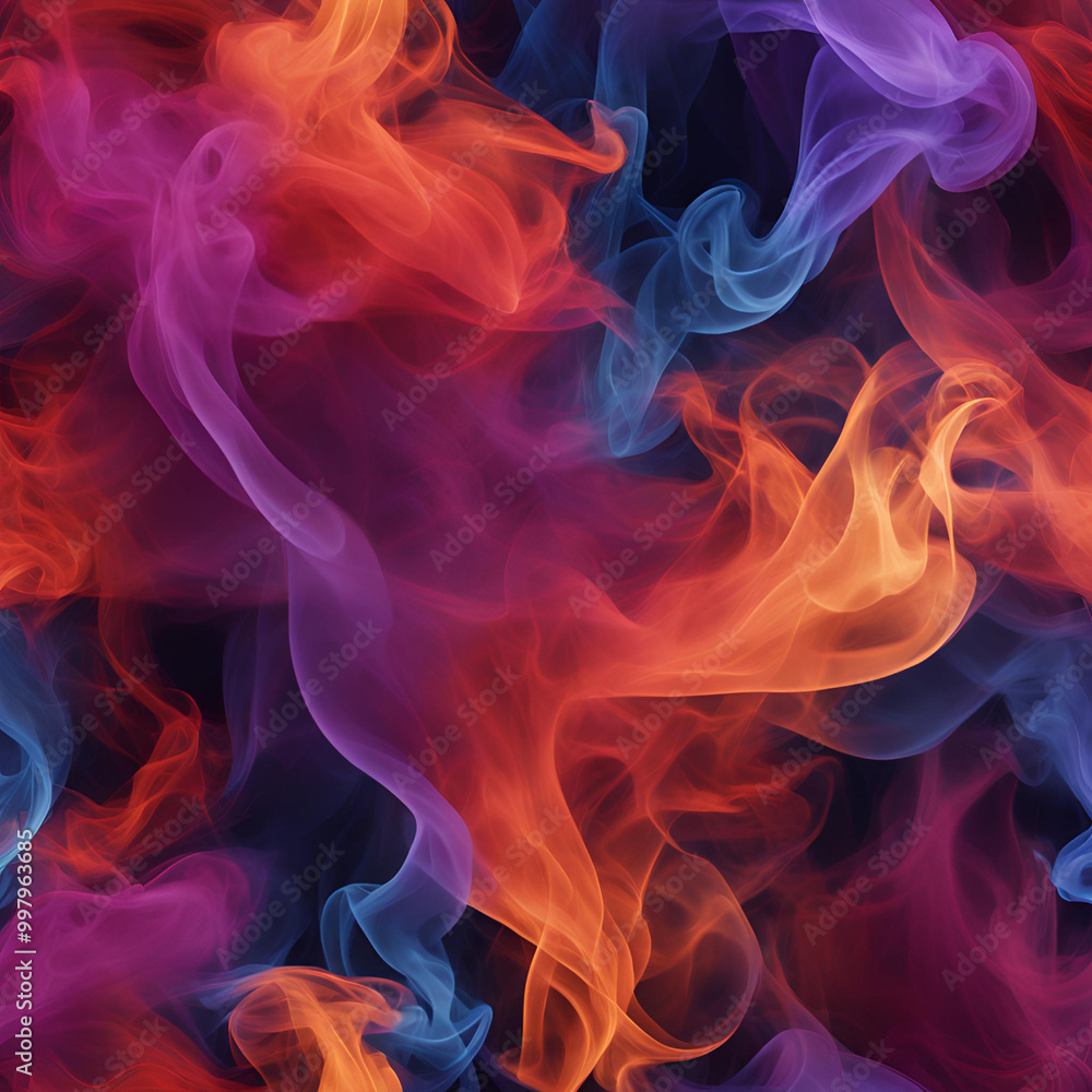Poster a vibrant and captivating pattern of colorful smoke clouds in shades of orange, blue, and purple, gr
