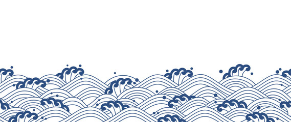 Japanese sea wave background vector. Wallpaper design with blue line art and white ocean wave pattern backdrop. Modern luxury oriental illustration for cover, banner, website, decor, interior.