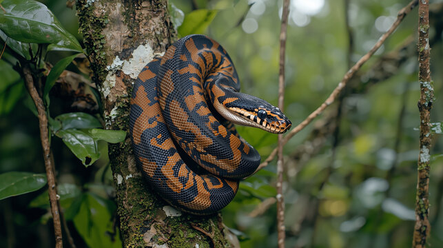 Python Coiling Around a Tree Branch in a Dense Jungle