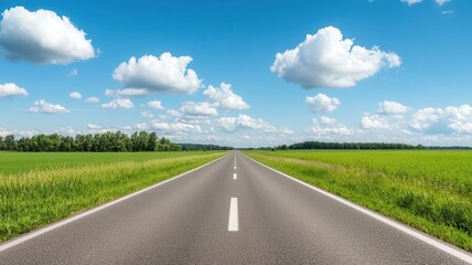 Fototapeta premium Straight road through a serene green countryside, ultrasharp in 8K, bright summer day, puffy white clouds, soft shadows on the road