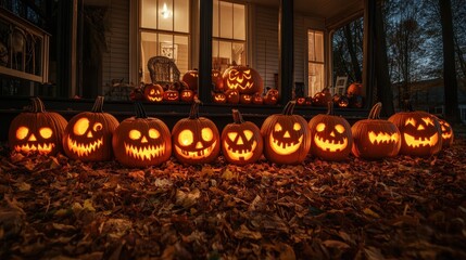 Obraz premium Enchanting Halloween Night: Row of Glowing Carved Pumpkins on Autumn Porch