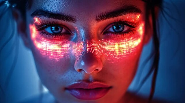 A young woman gazes intensely, her face illuminated by vibrant red and blue digital patterns that enhance her striking features in a dark setting.