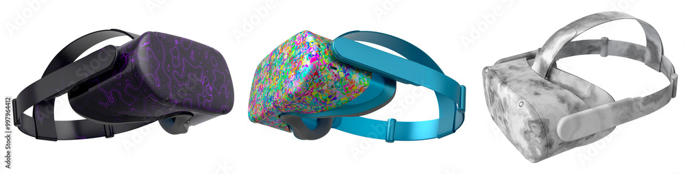 Poster virtual reality glasses and headset isolated on white background with clipping path. 3d render of de