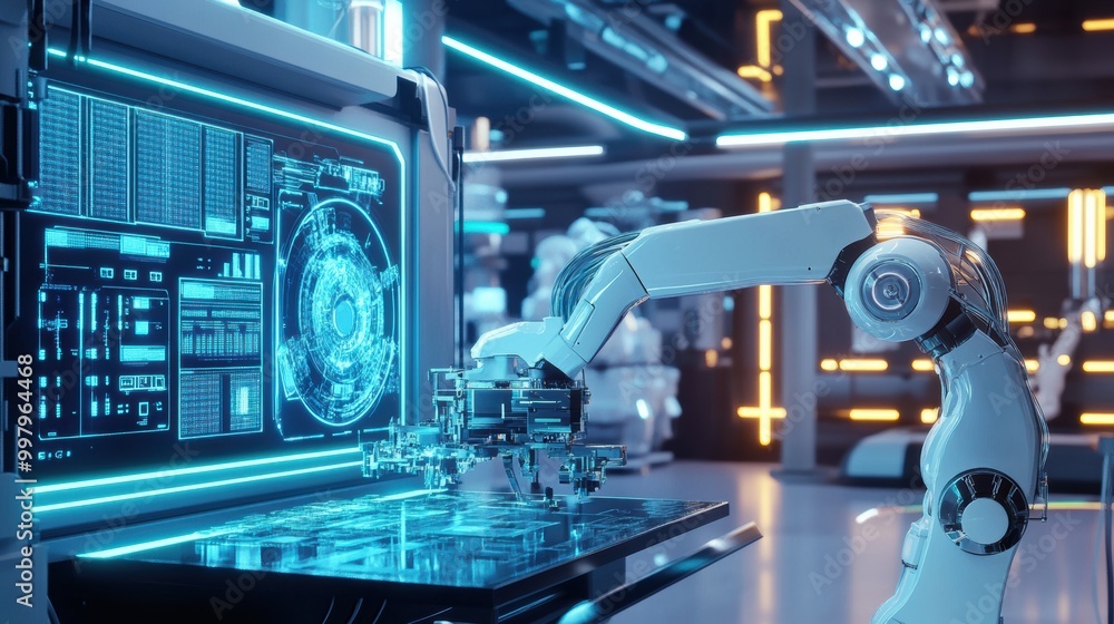 Aufkleber A robotic arm efficiently assembles intricate machinery in a modern lab filled with glowing panels and advanced holograms. Generative AI