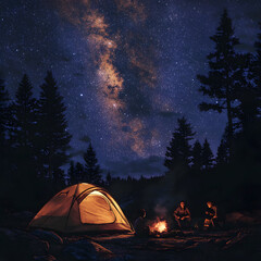 Camping under the Milky Way, starry night sky, campfire gathering, outdoor adventure, stargazing trip, Milky Way photography, night camping, nature escape, peaceful night, celestial experience

