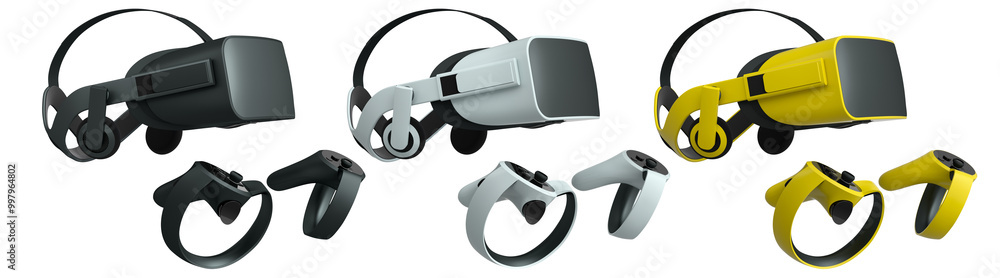 Poster virtual reality glasses and headset with controllers isolated on white background with clipping path