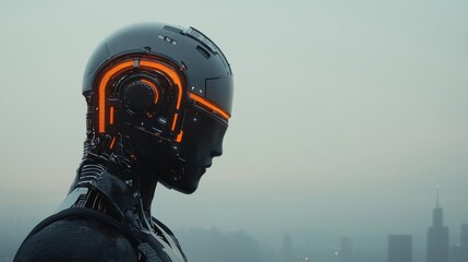 Futuristic robot head design with glowing elements against a misty cityscape.