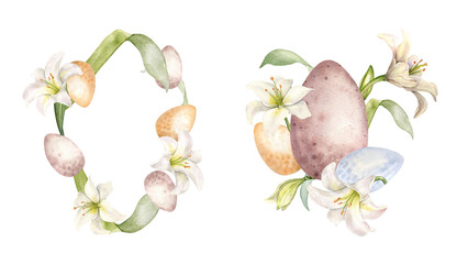 Watercolor Easter bloom frame in soft colors. Eggs and flowers lily isolated on white. White lily and leaves botanical art hand drawn. Floral wreath pastel tones. Design for Happy Easter, packaging.
