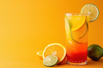 Orange Tequila Sunrise with orange slices and lime, served in a tall glass, bright citrus background, copy space