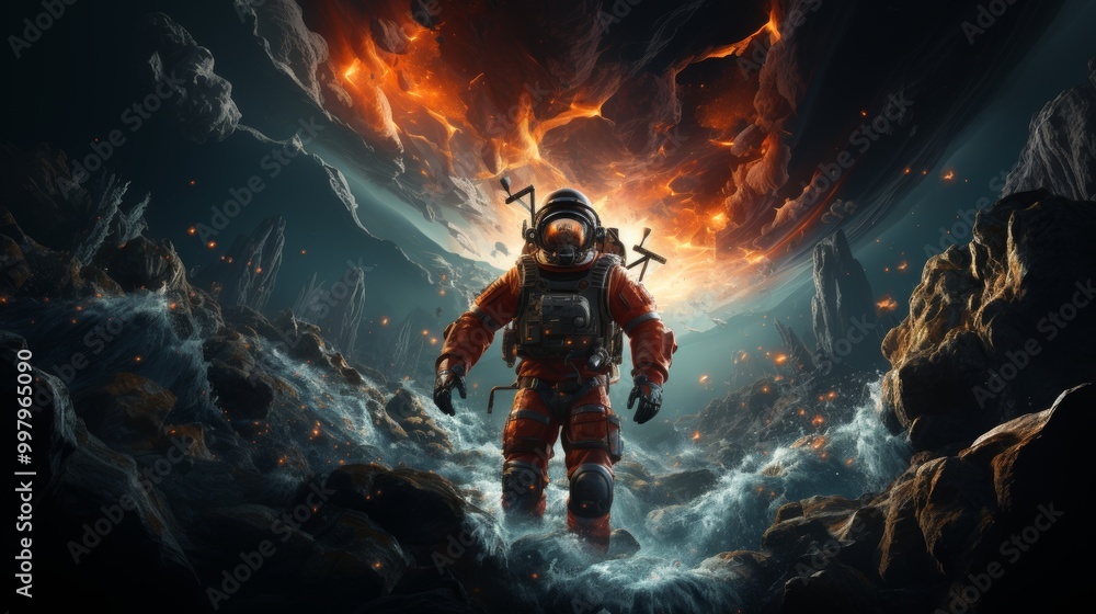 Poster a man in a red spacesuit is standing in a watery area with a large rock in the b
