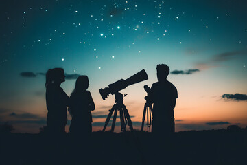 Silhouette group stargazing at dusk, friends observing night sky with telescope, silhouette under starry sky, astronomy enthusiasts, celestial exploration, cosmic adventure, night sky gathering

