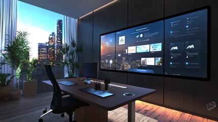 A home office with a smart desk that reminds you to stand or sit based on ergonomic data and a wall that serves as a massive touchscreen