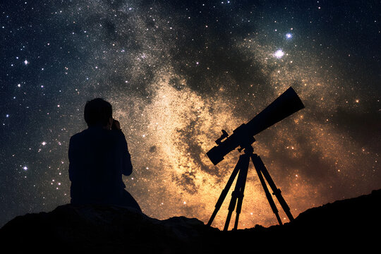 Silhouette of stargazer with telescope under Milky Way, night sky exploration, celestial observation, cosmic wonder, astronomy passion, stargazing adventure, starry sky view, night photography

