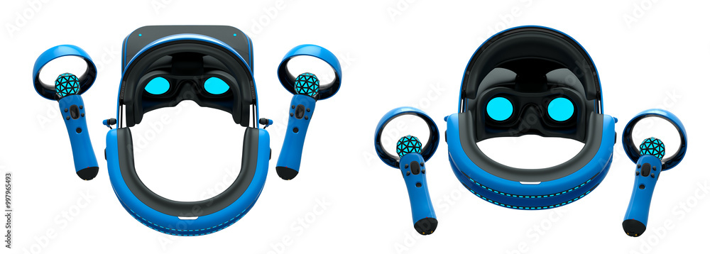 Poster virtual reality glasses and headset with controllers isolated on white background with clipping path