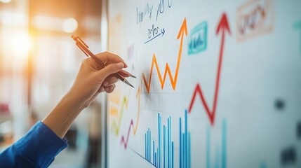 A close-up of a business growth chart being drawn on a whiteboard, with arrows indicating upward trends