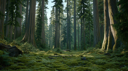 Lush Green Moss Covering an Ancient Forest Floor in Early Morning Light
