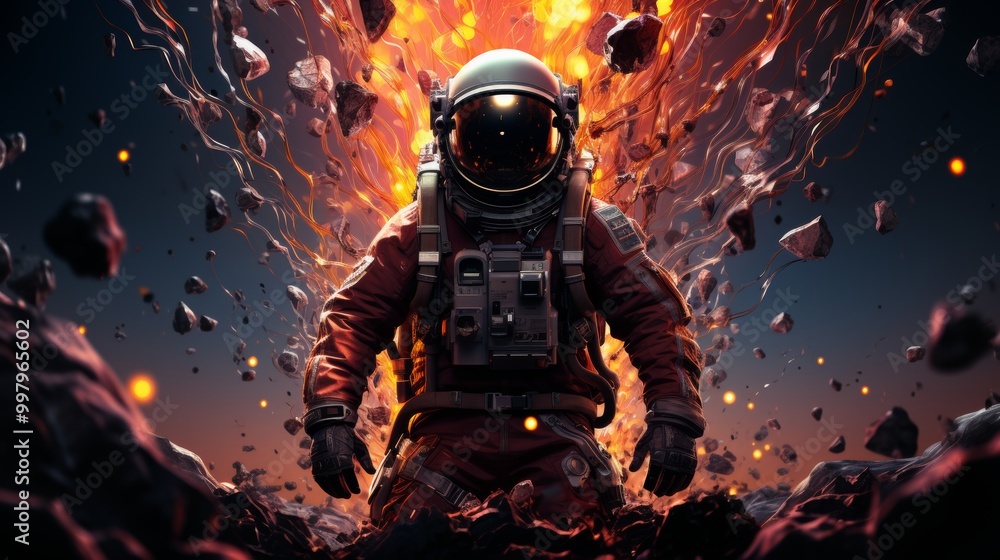 Poster a man in a red spacesuit is standing in front of a large explosion