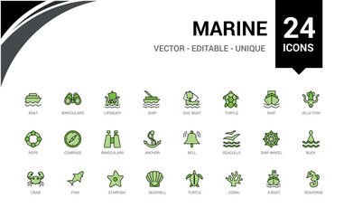 Set of colorful line icons related to marine port. Color icon collection for web and ui. Outline icons pack, Vector illustration. Icon names are written in English.