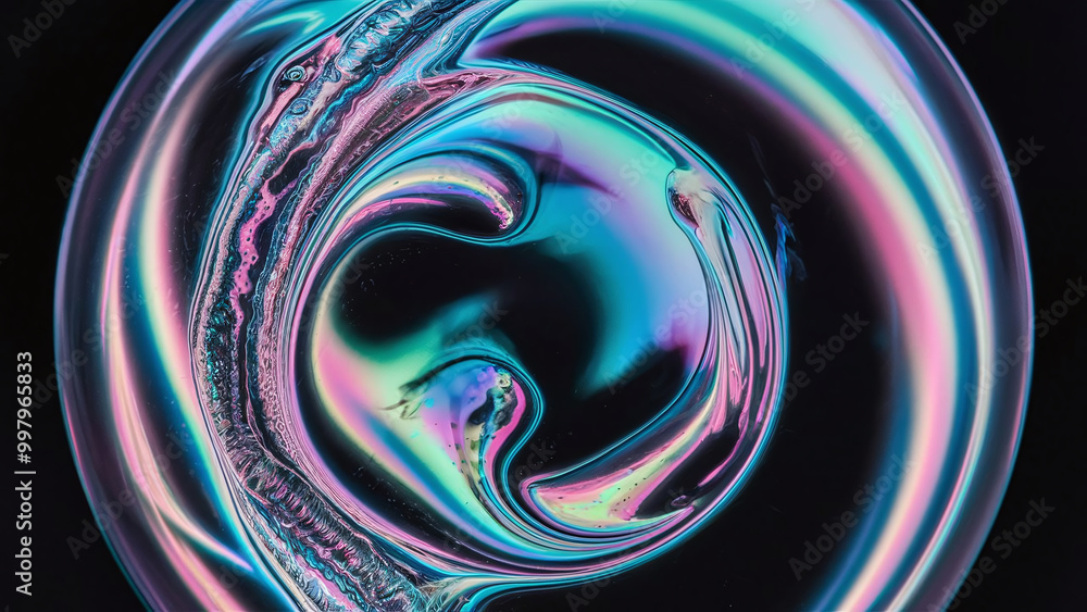Poster macro shot of a soap bubble under a microscope, capturing iridescent colors and swirling patterns, s