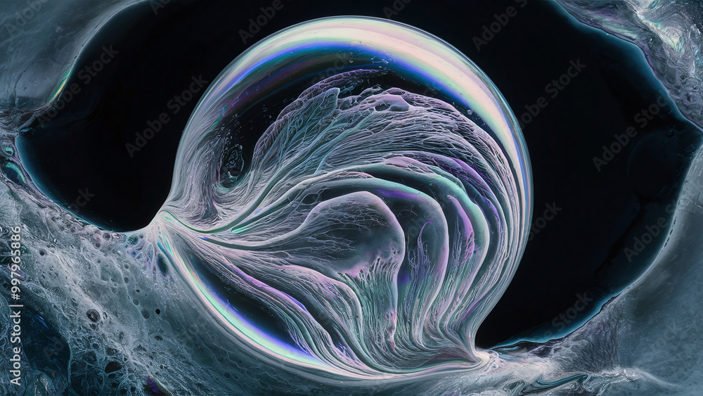 Poster close-up of a soap bubble’s surface under a microscope, showcasing swirling patterns and vibrant iri