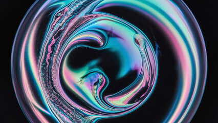 Macro shot of a soap bubble under a microscope, capturing iridescent colors and swirling patterns, stock photo