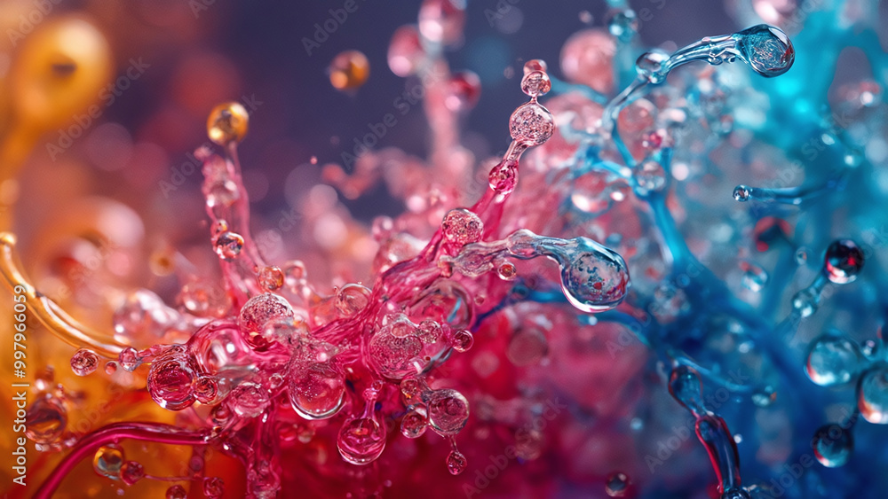 Poster close-up of liquids mixing in swirling patterns under a microscope, abstract scientific experiment, 