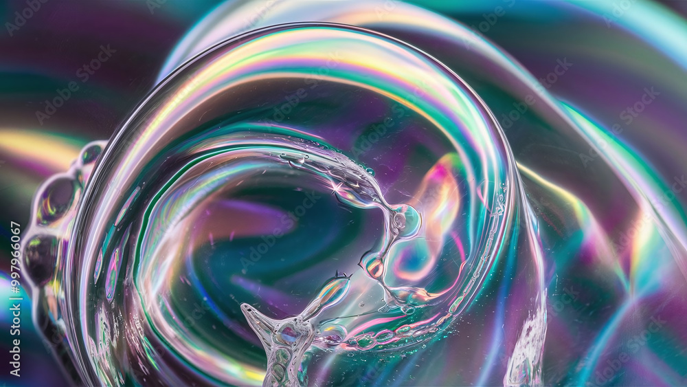 Poster soap bubble under a microscope, macro shot of swirling colors and fine structure, visually striking 