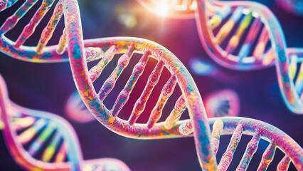 Detailed view of a DNA helix model, macro shot showcasing vibrant and twisted strands, molecular biology theme, stock image