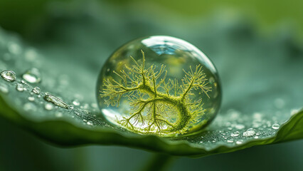 Close-up of microorganisms in a liquid droplet on a leaf, magnified under a microscope, dynamic biology and science theme, stock image