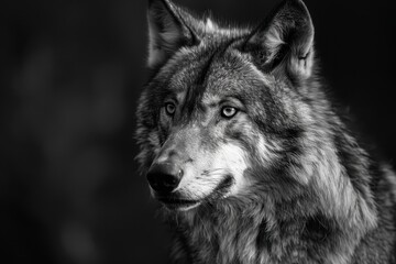 A wolf is staring at the camera with a serious expression