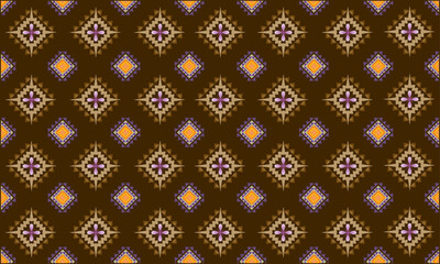 Abstract brown background with Thai ethnic patterns and purple geometric patterns.