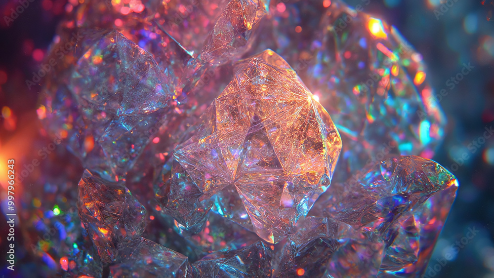 Poster macro shot of geometric patterns in a crystal under polarized light, visually stunning and scientifi