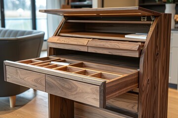 A wooden desk with drawers and a light on top