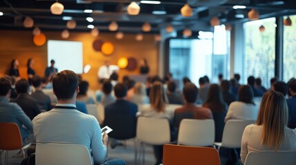 A dynamic shot of a business seminar focused on growth strategies, with speakers