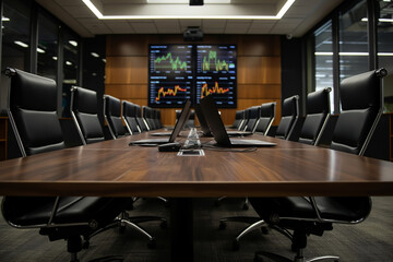 Modern conference room with laptops and financial data on screens