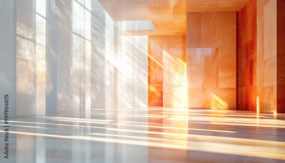 Poster sun shining through large windows in empty office building