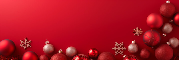 Festive Christmas baubles on red background with space for text. New Year banner