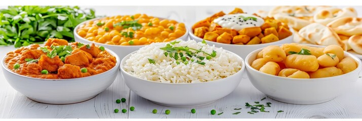 A selection of Indian dishes in bowls including rice, curry, and potatoes on a white background, perfect for restaurant menus or culinary blogs.