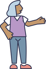 Illustration of an elderly person with gray hair, wearing casual clothes, gesturing with one hand.