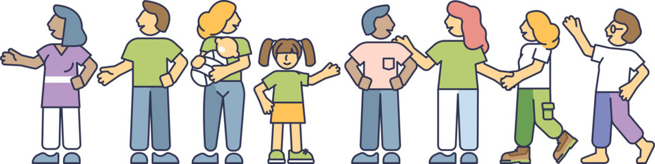 Illustration of diverse group of people, including adults and children, symbolizing community and inclusivity.