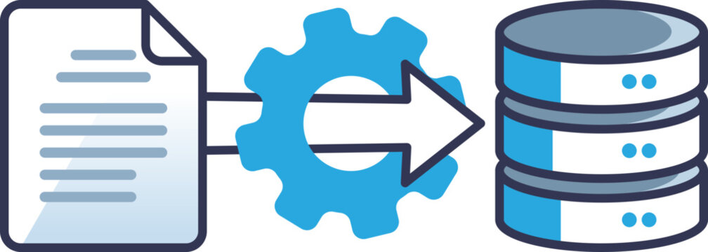 ETL process illustration with document, gear, and database icons.