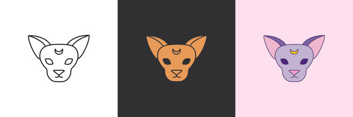 Cat mystic icon set. Black and colorful geometric vector logo template