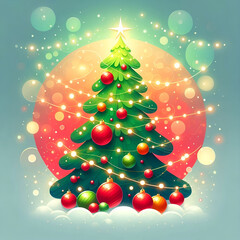 Obraz premium Festive Christmas Background with Tree, Red Baubles, and Twinkling Lights