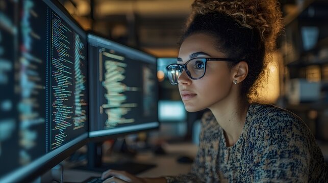 A female software engineer working on her computer, surrounded by blue light from the screen and other monitors in front of her