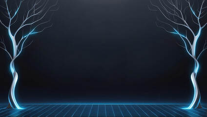 Delicate tree branches set against a dark gradient background with subtle neon light accents, with a subtle grid pattern in the bottom half to represent algorithmic processes