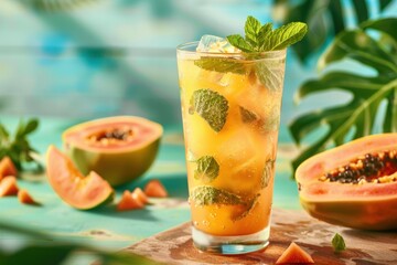 Fototapeta premium Papaya mojito with papaya chunks and mint, served in a tall glass, tropical setting, copy space