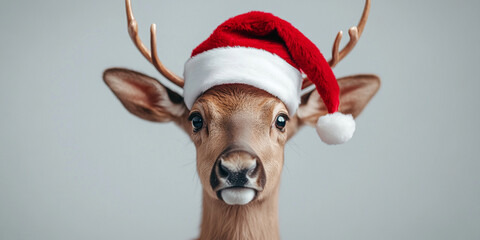 close up of festive reindeer wearing red Santa hat, showcasing its charming expression and antlers. This delightful image captures spirit of holiday season beautifully