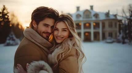 Fototapeta premium A photo of man and woman hugged, couple hugging each other, standing in front of the big luxury house.