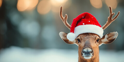 reindeer wearing festive Santa hat stands out against blurred winter background, evoking joyful holiday spirit. Its detailed features and snowy setting create charming scene