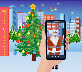 Video with Santa Claus on mobile screen near a adorned fir tree in Christmas evening. Vector illustration of modern city landscape. 